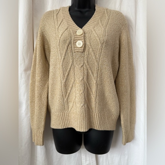 G.H. Bass Hooded Knit Pullover Sweater V-Neck 1/4 Button Women's Sz L - Picture 2 of 4